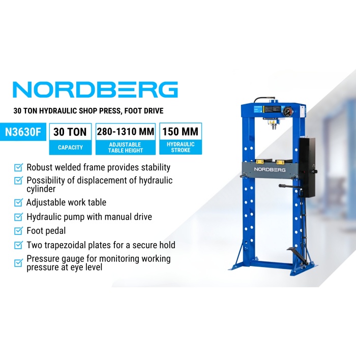 30 TON Hydraulic Shop Press, foot drive NORDBERG N3630F - Image 11