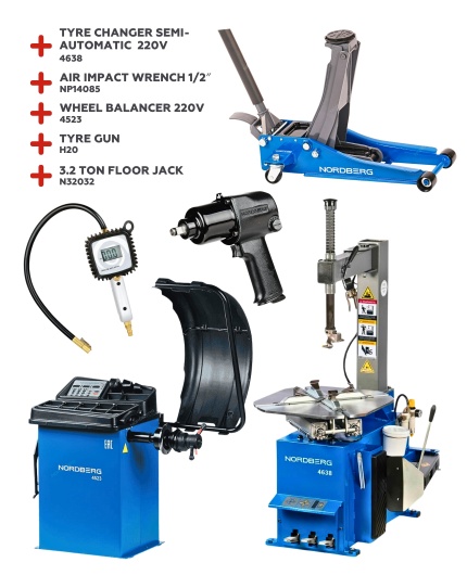 EID AL ADHA SPECIAL OFFER 2 Special offer include Tyre Changer semi-automatic 220V 4638, Tyre digital inflator gun H20, 3.2 ton Floor jack super low N32032, Wheel Balancer 220V 4523, Air Impact Wrench 1/2″ NP14085